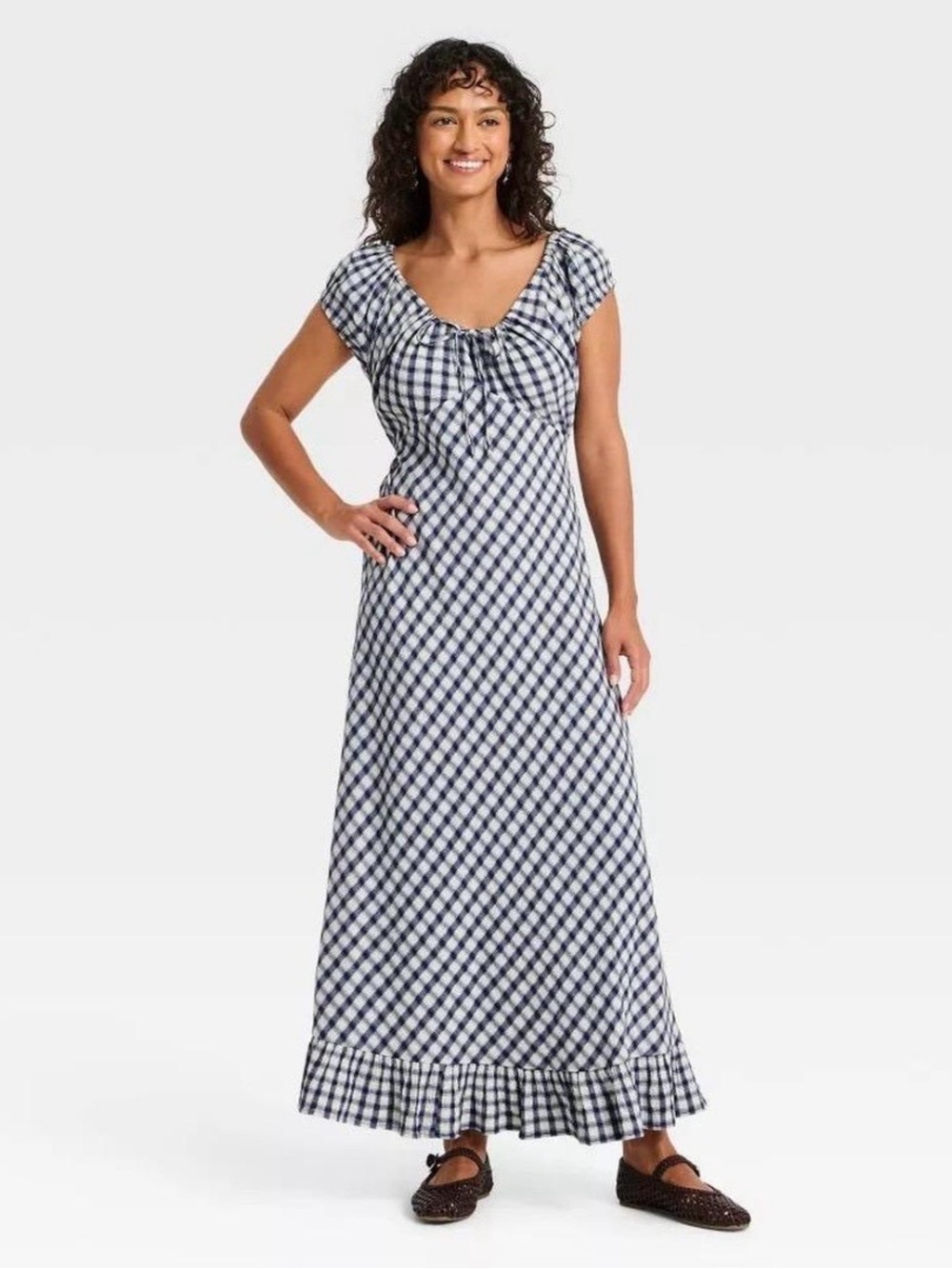 Universal Thread Navy and White Gingham Maxi Dress with Ruffle Hem